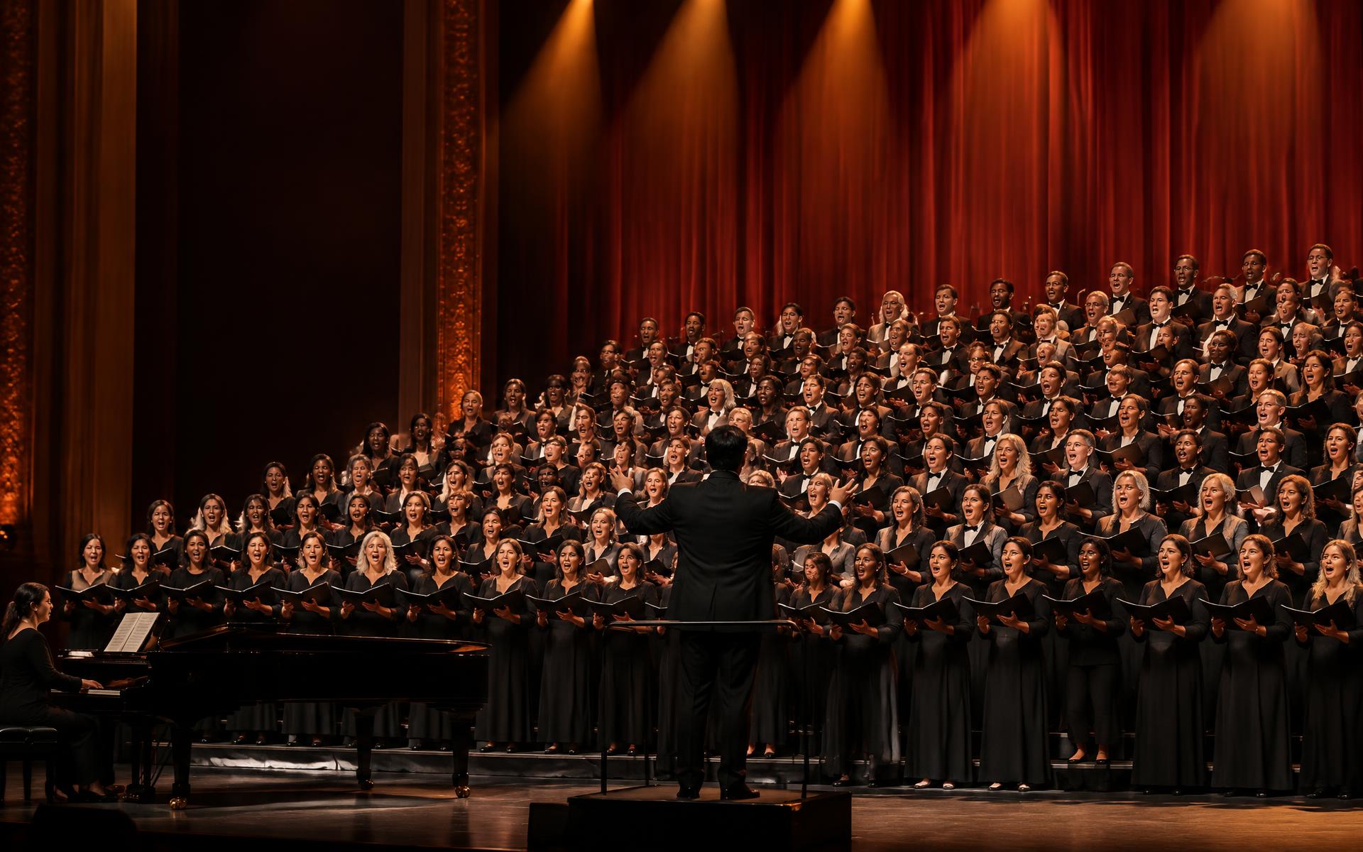 A large community choir performing together in a concert hall